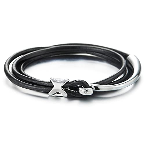 COOLSTEELANDBEYOND Zwei Runden Schwarz Leder-Armband für Herren Damen Echtes Leder Schweißband Leder Armreif mit Hakenverschluss von COOLSTEELANDBEYOND