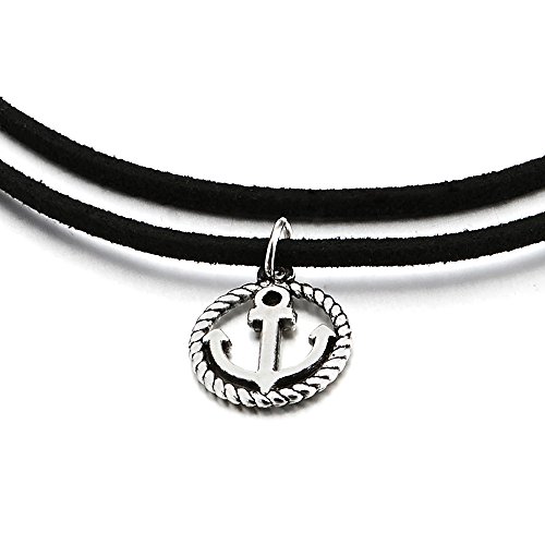 COOLSTEELANDBEYOND Zweireihige Schwarz Choker Halsketten Halskette für Damen Mädchen mit Kreis Marine Rad Anker Charm Anhänger von COOLSTEELANDBEYOND