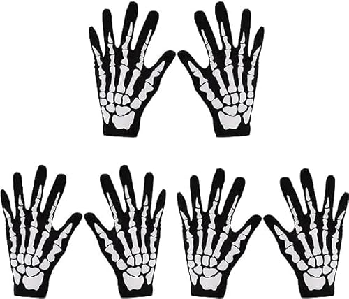 COONE 3 Paar Skeletthandschuhe Totenkopf Halbe Geistknochen für Erwachsene Halloween Tanz Kostüm Party, Schwarz , M von COONE