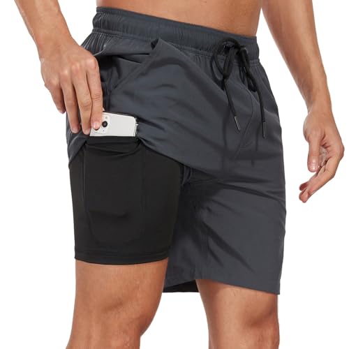 COONE Herren Schwimmen Shorts mit Kompression Liner Badehose Badeanzug 2 in 1 Stretch Beach Shorts mit Reißverschlusstaschen Quick Dry Sommer Surfen Sport von COONE