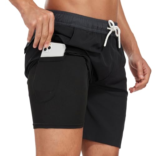 COONE Herren Schwimmen Shorts mit Kompression Liner Badehose Badeanzug 2 in 1 Stretch Beach Shorts mit Reißverschlusstaschen Quick Dry Sommer Surfen Sport von COONE