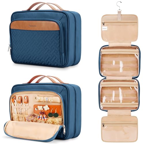 COOSKY Reise-Kulturbeutel zum Aufhängen für Damen, hält Shampoo in voller Größe, mit Schmuck-Organizer-Fach, extra große Make-up-Tasche, wasserdichte Kosmetiktasche, Toilettenartikel-Set, Marineblau, von COOSKY