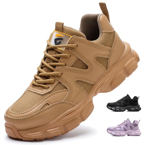 COOU Arbeitsschuhe Damen Leicht Sicherheitsschuhe rutschfest Sportlich Stahlkappenschuhe Atmungsaktiv Schutzschuhe C01 Braun/36 von COOU