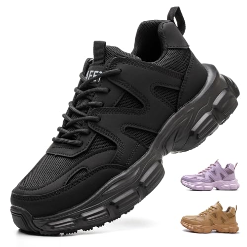 COOU Arbeitsschuhe Damen Leicht Sicherheitsschuhe rutschfest Sportlich Stahlkappenschuhe Atmungsaktiv Schutzschuhe CO1 Schwarz/37 von COOU