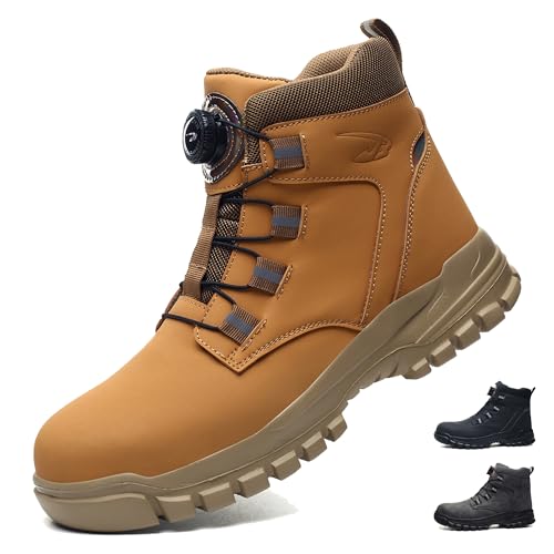 COOU Sicherheitsstiefel Herren Damen Leicht Wasserdicht Arbeitsschuhe mit Stahlkappe Sicherheitsschuhe Rutschfest Arbeitsstiefel Gelb 37 von COOU