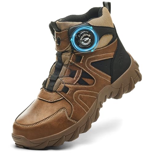 COOU Sicherheitsstiefel Herren Damen Rutschfest Arbeitsschuhe Hoch Sicherheitsschuhe Leicht Stahlkappenschuhe Bequeme C13/Braun39 von COOU