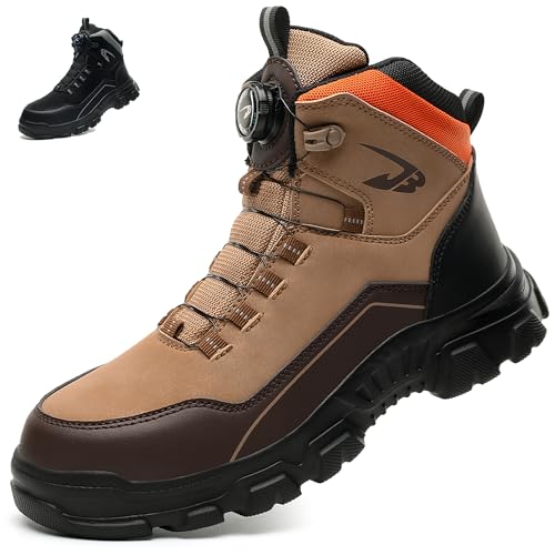 COOU Sicherheitsstiefel Herren Wasserdichte Arbeitsschuhe Damen Leicht Sicherheitsschuhe Rutschfest Drehverschluss Stahlkappenschuhe Khaki 43/C26 von COOU