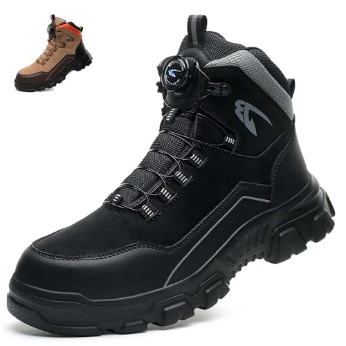 COOU Sicherheitsstiefel Herren Wasserdichte Arbeitsschuhe Damen Leicht Sicherheitsschuhe Rutschfest Drehverschluss Stahlkappenschuhe Schwarz 45/C26 von COOU