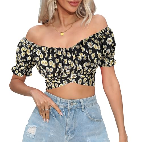 COOUFE Damen Crop Tops Rüschen Kurzarm Tie Back Sommer Schulterfrei Top Bluse, Schwarz mit Gänseblümchen, X-Klein von COOUFE