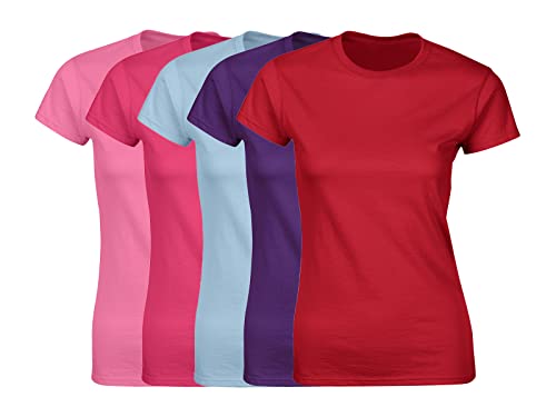 COOZO Damen 5er-Pack Kurzarm T-Shirts - Azalee/Heliconia/Hellblau/Lila/Rot - 2XL von COOZO