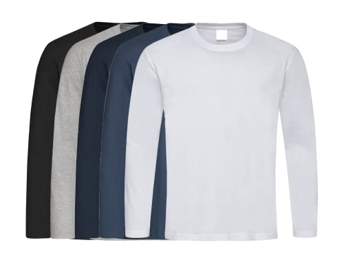 COOZO Unisex Klassisch 5er-Pack Lange Ärmel T-Shirts - Schwarz Opal/Heide Grau/Blaue Mitternacht/Marine/Weiss - XL von COOZO