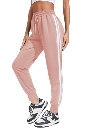 COOrun Damen Jogginghose Lang Sweatpants Stretch Trainingshose Jogger Sporthose Sommerhose für Sport Yoga Tanz Jogging mit Taschen und 2 Streifen Rosa XL von COOrun