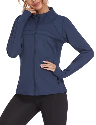 COOrun Damen Laufjacke Langarm Sportjacke Leicht Trainingsjacke voll Reißverschluss Atmungsaktive Seitentasche Fitness Marine Blau M von COOrun