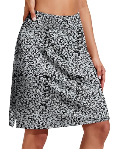 COOrun Damen Rock mit Innenhose & Tasche Tennisrock Leicht Sportrock mit Hose Kurz Laufrock für Fitness Workout Running Weißes Blatt,S von COOrun