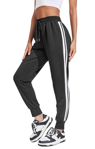 COOrun Damen Sommerhose Jogginghose Sporthose Frauen Jogger Trainingshose Sweatpants Stretch Bequeme Strandhose mit Taschen und 2 Streifen dunkelgrau XXL von COOrun