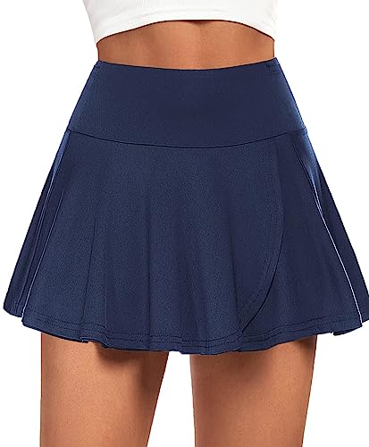 COOrun Damen Tennisrock mit Hose Sommerrock Minirock Tennis Skort mit Tasche Sportrock Golfrock für Tennis Golf Rock Sport Workout Running Marineblau L von COOrun