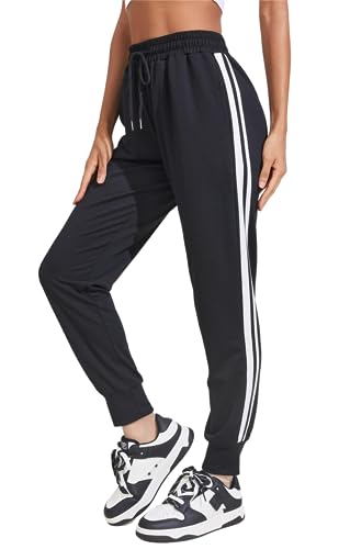 COOrun Jogginghose Damen Jogger Sporthose Lang Frauen Trainingshose Sommerhose Sweatpants mit Taschen für Sport Yoga Tanz Jogging mit Taschen und 2 Streifen schwarz L von COOrun