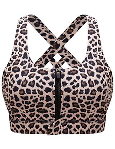 COOrun Langer Sport-BH für Damen, mittlere Unterstützung, überkreuztes Fitnessstudio, bauchfreies Tank-Top, gepolstert, Fitness, Workout, Gym Bra Top, Leopard, Large von COOrun