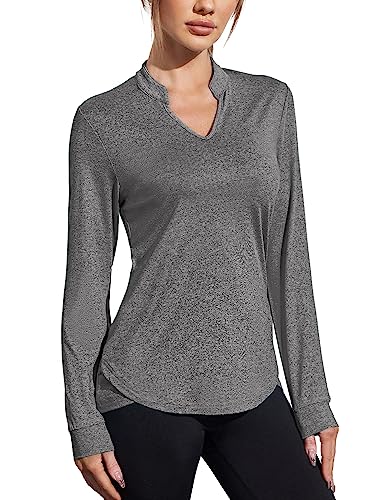 COOrun Wandershirt Damen Laufshirt Langarm Funktionsshirt Schnelltrocknend V-Ausschnitt Workout Activewear Dunkelgrau XXL von COOrun