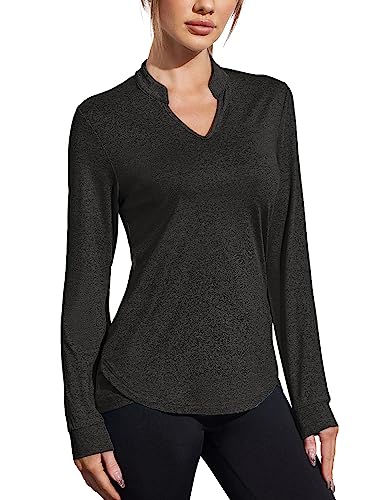 COOrun Wandershirt Damen Laufshirt Langarm Funktionsshirt Schnelltrocknend V-Ausschnitt Workout Activewear Schwarz XXL von COOrun