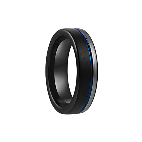 COPAUL 6 mm Silber Schwarz Loop Wolfram Line Ring Graviert Blau gerillt Ehering Ringe für Männer Frauen, Größe 67 (21,3) von COPAUL