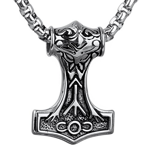 COPAUL Schmuck Edelstahl Vintage Herren Thor Hammer Anhänger mit 60cm Kette Halskette,Silber von COPAUL