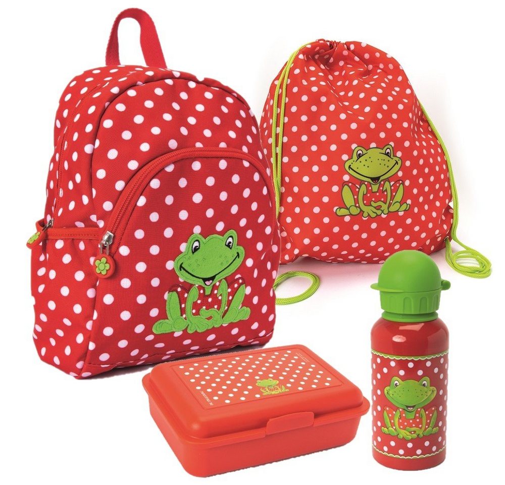 COPPENRATH DIE SPIEGELBURG Kinderrucksack Garden Kids Fröhliche Tupfen (Set, 4-tlg. inkl. Turnbeutel, Brotdose und Trinkflasche), Mädchen Rucksack Rot mit weißen Punkten und niedlichem Frosch Motiv von COPPENRATH DIE SPIEGELBURG