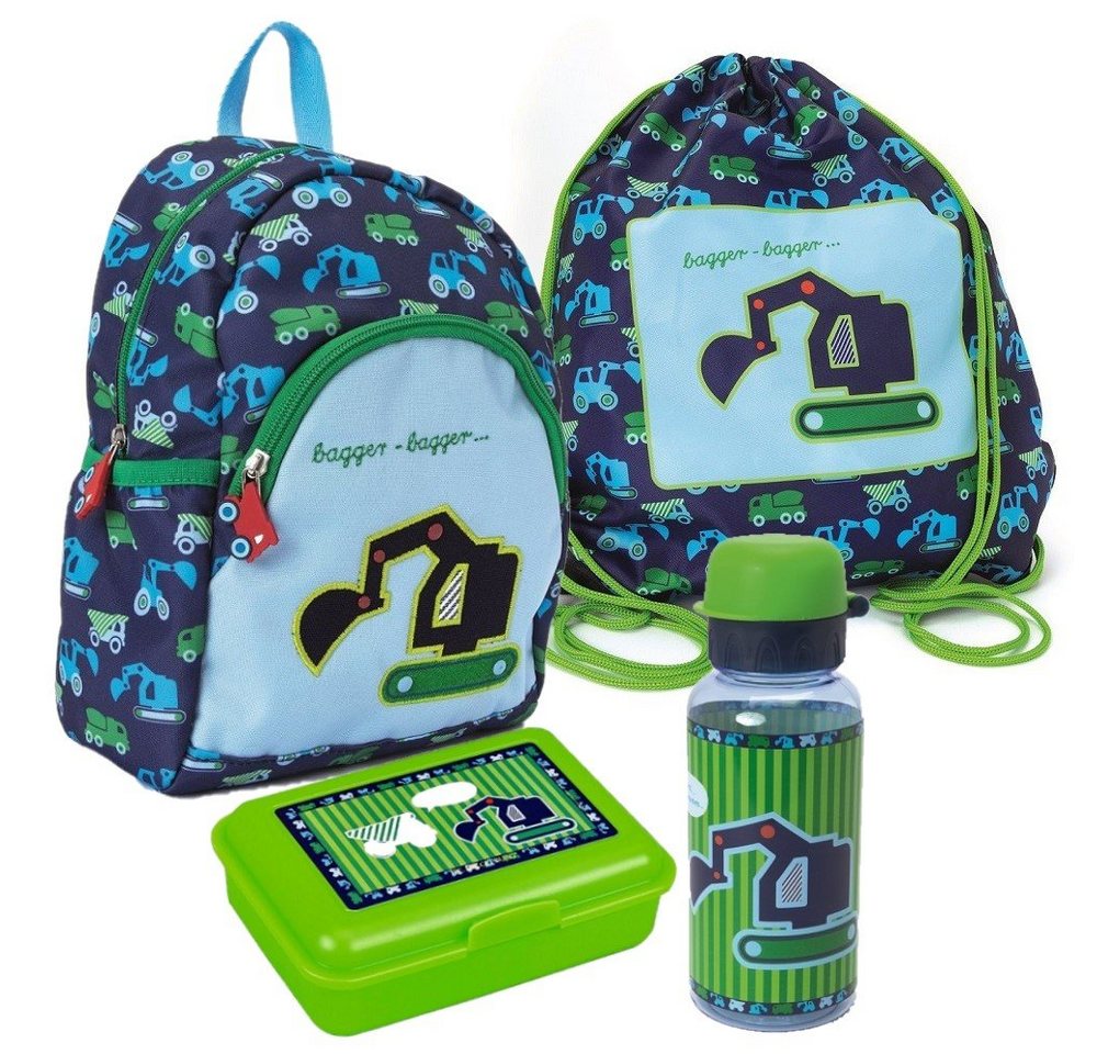 COPPENRATH DIE SPIEGELBURG Kinderrucksack Kleine Freunde Bagger (Set, 4-tlg. inkl. Turnbeutel, Brotdose und Trinkflasche), Rucksack für Jungen in Blau Grün mit Baustellenfahrzeuge von COPPENRATH DIE SPIEGELBURG