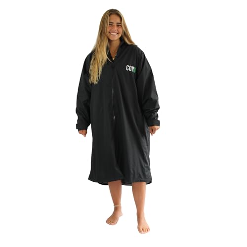 COR Surf Schwimm-Parka, schwere, warme Surfjacke für Herren, Damen, große Kinder, wasserabweisendes und saugfähiges Frottee-Innenfutter (S, Schwarz) von COR Surf