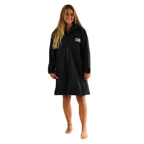 COR Surf Schwimm-Parka, schwere, warme Surfjacke für Herren, Damen, große Kinder, wasserabweisendes und saugfähiges Frottee-Innenfutter (XS, Schwarz) von COR Surf