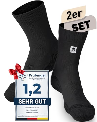 CORE GORIMO – 2 Paar – Merino Wandersocken – mit Anti-Blasen Schutz – Optimale Unterstützung beim Hiking und Trekking für Damen und Herren (35-38, Schwarz) von CORE GORIMO