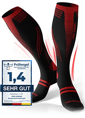 CORE GORIMO – Kompressionsstrümpfe Sport – Atmungsaktiv mit Anti-Blasen Schutz – Optimale Unterstützung beim Laufen und Joggen für Damen und Herren (schwarz/rot, 43-46) von CORE GORIMO