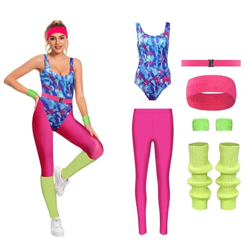 COREWO 80er-Jahre-Trainingskostüme für Damen, Aerobic-Kostüm, Gymnastikanzug, Yogahose, Gürtel, Outfit, 6-teilig, Rot/Ausflug, einfarbig (Getaway Solids), M von COREWO