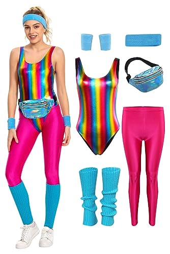 COREWO 80er-Jahre-Workout-Kostüme für Damen, Aerobic-Kostüm, Gymnastikanzug, Yogahose, Gürtel, Outfit, 6 Stück, Bunt, glänzend, Large von COREWO