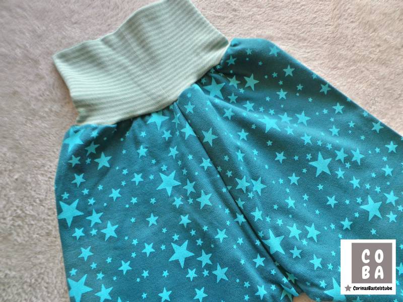 Baby Hose Pumphose Mit Sternen in Mint Und Türkis Aus Sweat Gr. 86 von CORINAsBASTELSTUBE