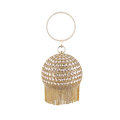 CORIOS Abendtasche Damen Runde Kugel Quaste Diamant Clutch Bag Abnehmbarer Kette Handtasche Klein Tasche Umhängetasche Schultertasche für Hochzeit Abendparty Tanzparty Geburtstag Bankett Gold von CORIOS