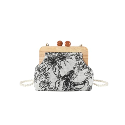 CORIOS Damen Abendtasche Blumenstickerei Clutch Hölzerne Perlen Schultertasche Hochzeit Brautbörse Handtasche Elegante Umhängetasche mit Perlenschulterriemen Retro Klein Tasche Schwarz von CORIOS