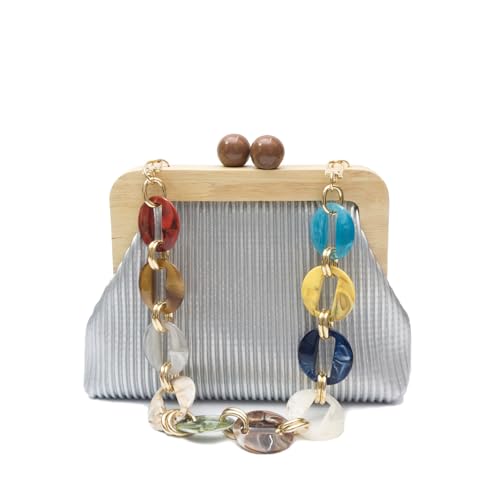 CORIOS Damen Abendtasche Plissiert Clutch Tasche Hölzerne Perlen Handtasche Hochzeit Brautbörse Kette Schultertasche PU Leder Klein Tasche Elegante Abschlussball Bankett-Party Umhängetasche Silber von CORIOS