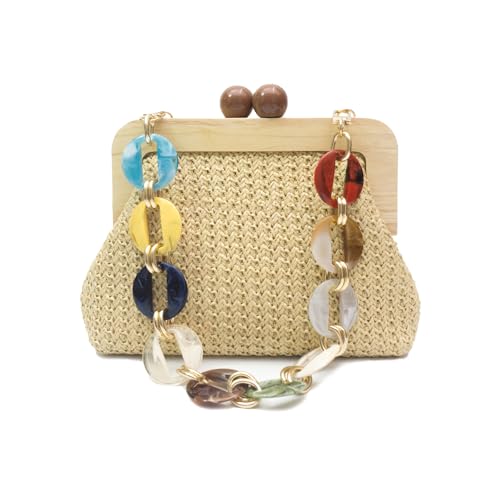 CORIOS Damen Abendtasche Plissiert Clutch Tasche Hölzerne Perlen Handtasche Hochzeit Brautbörse Kette Schultertasche PU Leder Klein Tasche Elegante Abschlussball Bankett-Party Umhängetasche Stroh von CORIOS