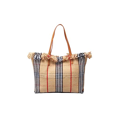 CORIOS Damen Canvas Handtasche Sommer Strand Tasche Große Schultertasche Böhmische Tote Beutel Bunte Gestrickte Tasche Casual Henkeltaschen für Reise Urlaub Strand Khaki und Schwarz Gestreift von CORIOS