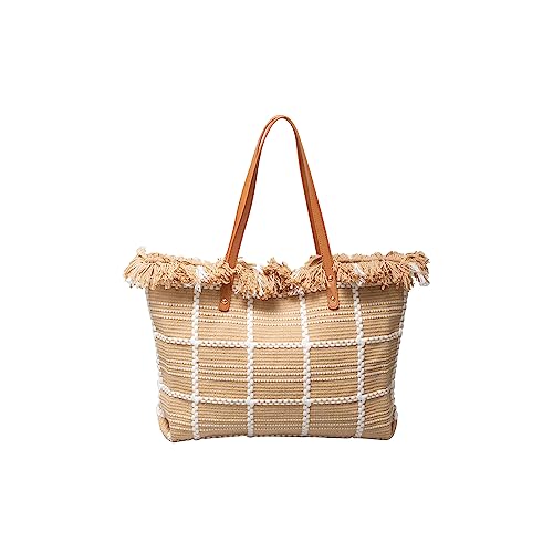 CORIOS Damen Canvas Handtasche Sommer Strand Tasche Große Schultertasche Böhmische Tote Beutel Bunte Gestrickte Tasche Casual Henkeltaschen für Reise Urlaub Strand Täglicher Gebrauch Khaki Karo von CORIOS