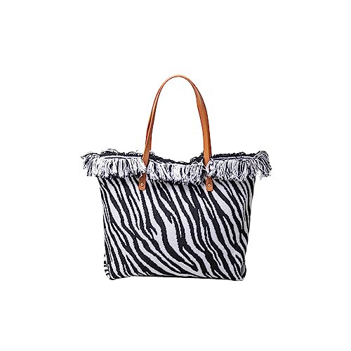 CORIOS Damen Canvas Handtasche Sommer Strand Tasche Große Schultertasche Böhmische Tote Beutel Bunte Gestrickte Tasche Casual Henkeltaschen für Reise Urlaub Strand Täglicher Gebrauch Zebradruck von CORIOS