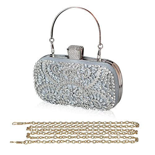 CORIOS Damen Clutch Diamant Strass Abendtasche Glitzer Handtasche Kleine Umhängetasche Abnehmbarer Kette Tasche Elegante Schultertasche für Hochzeit Party Abschlussball Silber von CORIOS