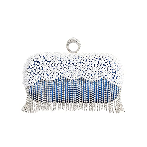 CORIOS Damen Clutch Perlen Strass Fransen Abendtasche Braut Handtasche Abnehmbarer Kette Umhängetasche Elegant Schultertasche für Hochzeit Abendparty Geburtstag Tanzparty Bankett Blau von CORIOS