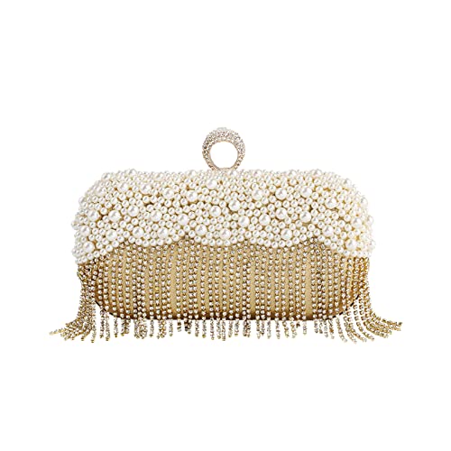 CORIOS Damen Clutch Perlen Strass Fransen Abendtasche Braut Handtasche Abnehmbarer Kette Umhängetasche Elegant Schultertasche für Hochzeit Abendparty Geburtstag Tanzparty Bankett Gold von CORIOS