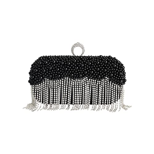 CORIOS Damen Clutch Perlen Strass Fransen Abendtasche Braut Handtasche Abnehmbarer Kette Umhängetasche Elegant Schultertasche für Hochzeit Abendparty Geburtstag Tanzparty Bankett Schwarz von CORIOS