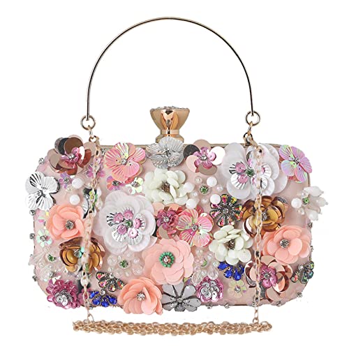 CORIOS Damen Clutch Tasche Blumen Abendtasche Hochzeit Bag Elegante Kette Shiny Strass Handtasche Schultertasche Umhängetasche für Hochzeit Abschlussball Bankett-Party Rosa von CORIOS