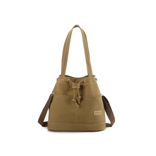 CORIOS Damen Eimer Taschen Kordelzug Handtasche Canvas Schultertasche Große Kapazität Umhängetaschen Casual Tote Beutel Henkeltaschen Mode Tragetasche Henkeltasche Kaffee von CORIOS