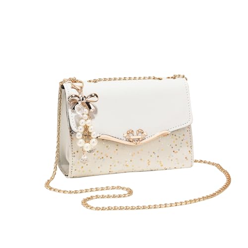 CORIOS Damen Elegant Schultertasche PU Leder Handtasche Pailletten Umhängetasche Mittel Kapazität Henkeltasche Tragetasche Mode Henkeltaschen Tote Beutel Weiß von CORIOS