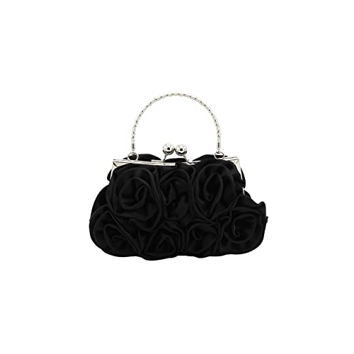 CORIOS Damen Elegante Abendtasche Blumen Clutch Tasche Handtasche mit Kette Kiss Lock Mini Rose Schultertasche Satin Umhängetasche für Hochzeit Bankett-Party Abschlussball Schwarz von CORIOS